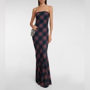 Norma Kamali Fishtail Strapless Tartan Dress